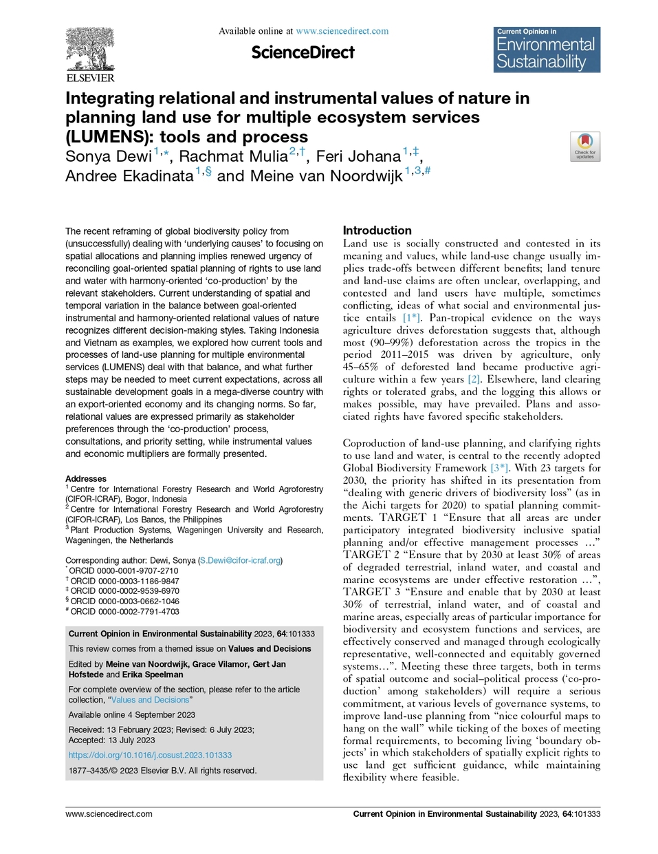 Integrating Relational and Instrumental Values of Nature in Planning Land Use for Multiple Ecosystem Services (LUMENS): Tools and Process